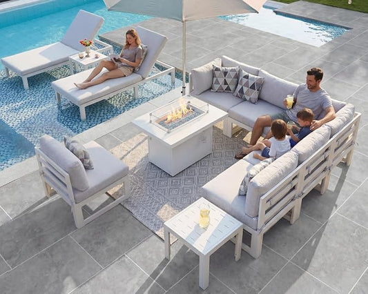 NICESOUL 11 Pcs Oversized Modern Aluminum Patio Furniture Set, 500lbs Heavy Duty Outdoor Sectional Sofa with Chaise & Fire Pit Table, 29" Deep Wide Seating Conversation Couch for Poolside, Light Gray