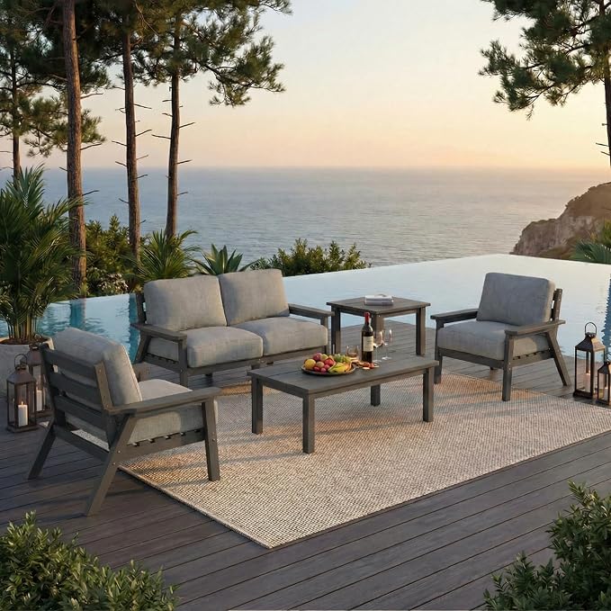 HDPE 6 Piece Patio Furniture Set, Outdoor Couch with Washable Thick Gray Cushions & Coffee Table & Side Table, Outdoor Sectional Furniture for Backyard, Deck, Lawn, Porch (Gray Frame)