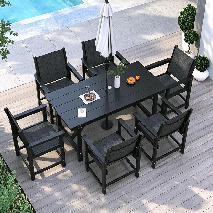 Amopatio HDPE Patio Outdoor Dining Table for 6 All Weather Rectangular Table with Umbrella Hole for Porch Deck Garden Backyard Poolside