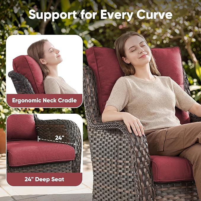 Belord 5 Piece Wicker Patio Furniture Set, Outdoor Swivel Rocker Chairs Set of 2 with Ottomans and Side Table, All Weather Patio Conversation Furniture Set, for Porch Pool, Brown Wicker/Red