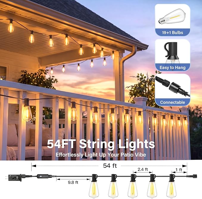 Guhope 54 FT Outdoor String Lights for Outside, Dimmable ST38 Edison LED Patio Lights with Timer, 3 Lighting Modes, IP45 Waterproof String Lights with Remote for Backyard Garden Porch Party Decor