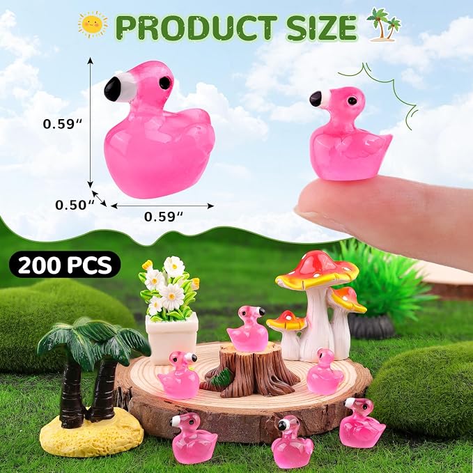 TINKRSTUFF 200PCS Mini Resin Animals Cute Rose Pink Tiny Flamingo Ducks Glow in Dark, Miniature Figures to Hide, Small Animal Accessories Bulk for Topper Garden Dollhouse Ornaments DIY Crafts & Decor