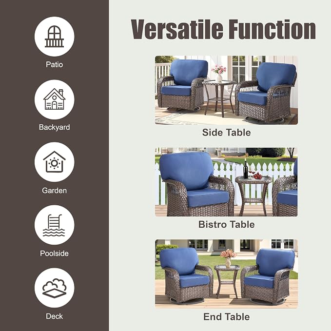 3 Pieces Patio Furniture Set with Swivel Chairs, All Weather Patio Wicker Chairs Swivel Rocker Rattan Side Table, High Back Outdoor Seating Furniture for Deck Porch Garden Yard, Blue