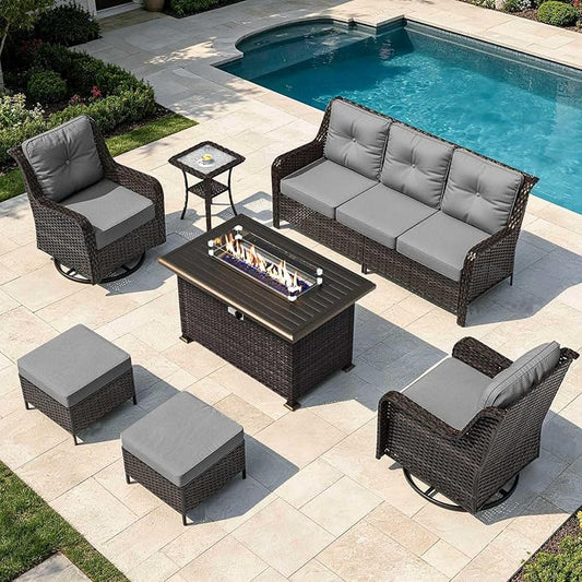 7-Piece Patio Furniture Set, Thick Wicker Outdoor Furniture Set with 2 Swivel Chairs, Outdoor Sectional Sofa Couch with Fire Pit Table, Patio Conversation Set for Backyard, Porch, Deck, Grey