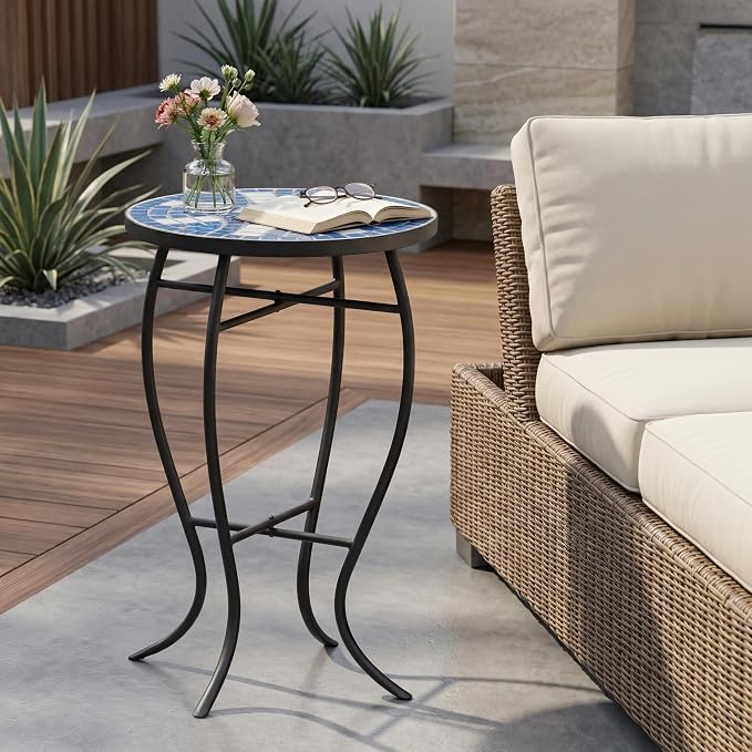 Blue White Mosaic Tile Round Side Table, Coastal Patio End Table with Curved Black Wrought Iron Legs, Weather Resistant Small Accent Table for Balcony Backyard Porch Living Room