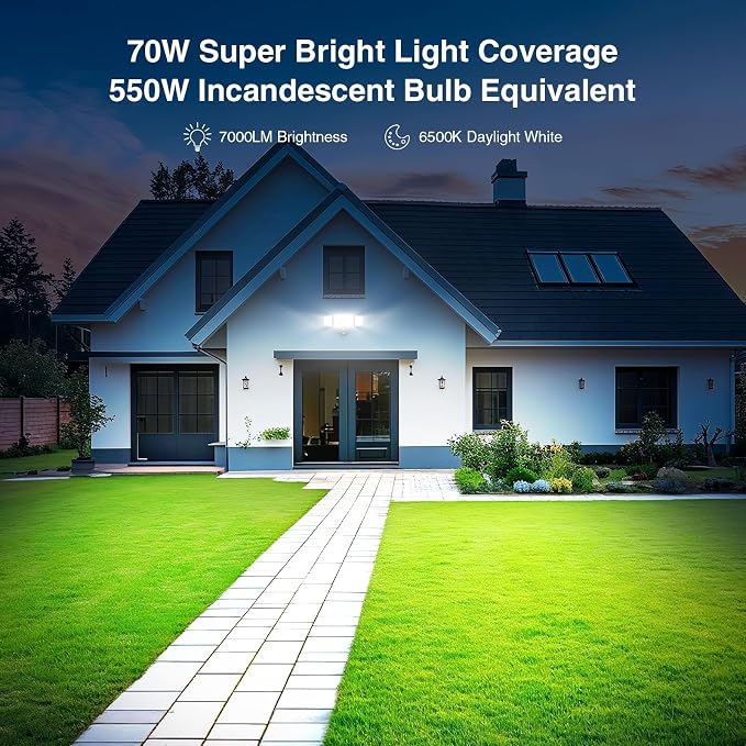 Onforu 70W LED Dusk to Dawn Outdoor Lighting,2 Packs 7000LM Exterior Flood Lights,IP65 Waterproof Outdoor 3 Adjustable Heads Photocell Black Lights Fixture,6500K Daylight White Floodlights(Black)