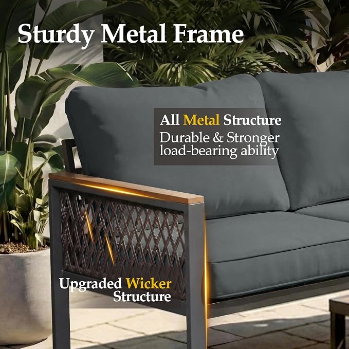 UPHA 6 Pieces Patio Furniture Set with 42" Propane Gas Fire Pit Table, Metal Outdoor Sectional Couch Set with Loveseat Sofa, Modern Patio Conversation Set for Porch Balcony Deck, 4 Seats, Gray