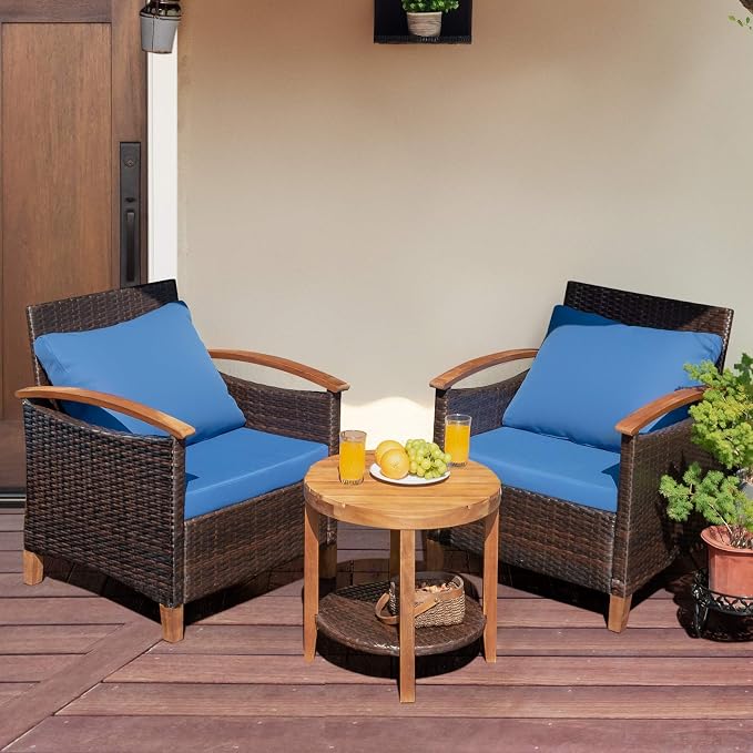 COSTWAY 3PCS Patio Rattan Furniture Set, Outdoor Solid Wood Frame Cushion Sofa with Round Table for Garden Porch Backyard Poolside (Blue)