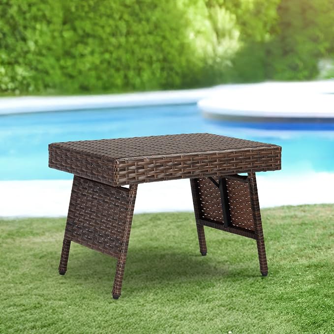 Rattan Folding Patio Side Tables for Outside, Portable & Lightweight Compact Foldable Wicker End Table Small Coffee Table for Poolside Lawn Garden Balcony