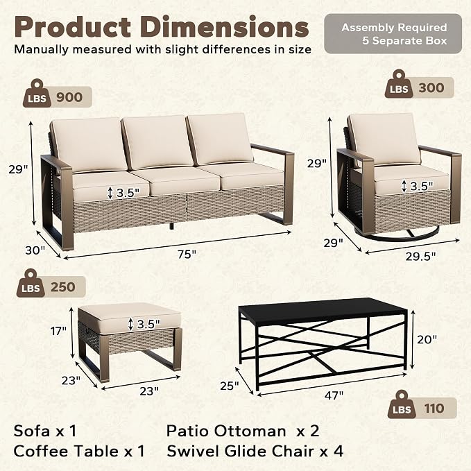 8 Pieces Metal Wicker Patio Furniture Set - 75" Sofa, Four Swivel Chairs and Two Ottomans, One Coffee Table All Weather Rattan Outdoor Conversation Furniture with Washable Cushion for Deck, Beige