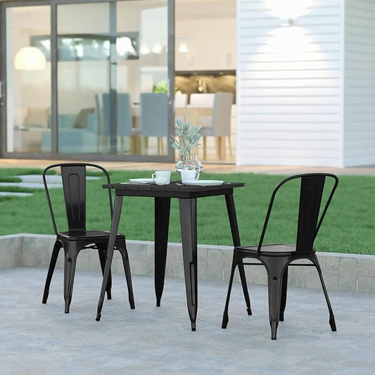 EMMA + OLIVER Drew Dining Table - Black 23.75" Square Poly Resin Table Top - Black Steel Base - All-Weather for Indoor/Outdoor Use