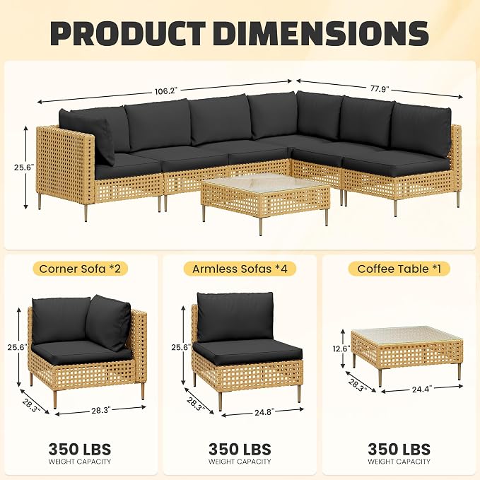LHBcraft 7-Piece Wicker Outdoor Patio Furniture Set, Outdoor Sectional Furniture, Patio Sofa Sectional Conversation Sets, Handmade Rattan, Water-Resistant Fluffy Cushions and Coffee Table, Brown Black
