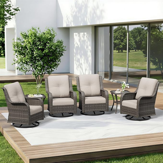 6 Piece Outdoor Wicker Patio Furniture Set, Outdoor Swivel Rocker Patio Chairs Set with Thickened Olefin Cushions, High Back and Deep Seating, Hand-Woven PE Rattan for Porch, Deck