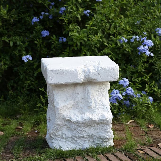 Christopher Knight Home Nataly 18.75" H Small Outdoor Side Table, Carved Garden Stool with Stone Block Shape, Lightweight Concrete End Table, Patio Decorative Home Stool for Balcony Backyard, White