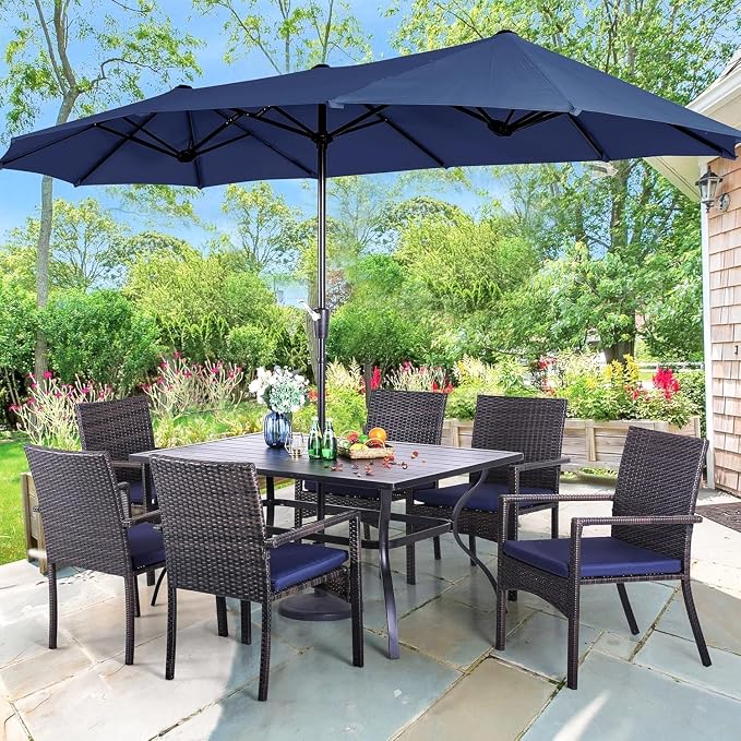 PHI VILLA 7 Piece Patio Dining Set, 60” Rectangular Table, Rattan Chairs | Outdoor Dining Set for 6, Metal Dining Table with Umbrella Hole, Rattan Wicker Chairs with Cushions for Patio, Deck, Porch