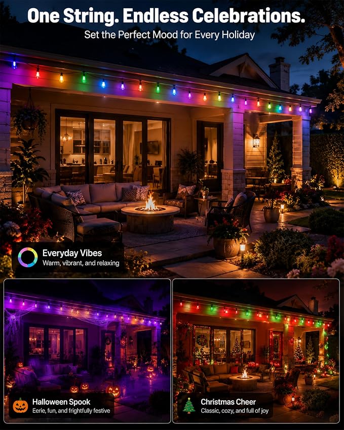 50FT RGBW Outdoor String Lights 24V Dimmable Patio | IP65 Waterproof, 200+ Dynamic Modes, Music Sync, App & Remote Control, Zip Ties Included, Weatherproof -4°F to 158°F