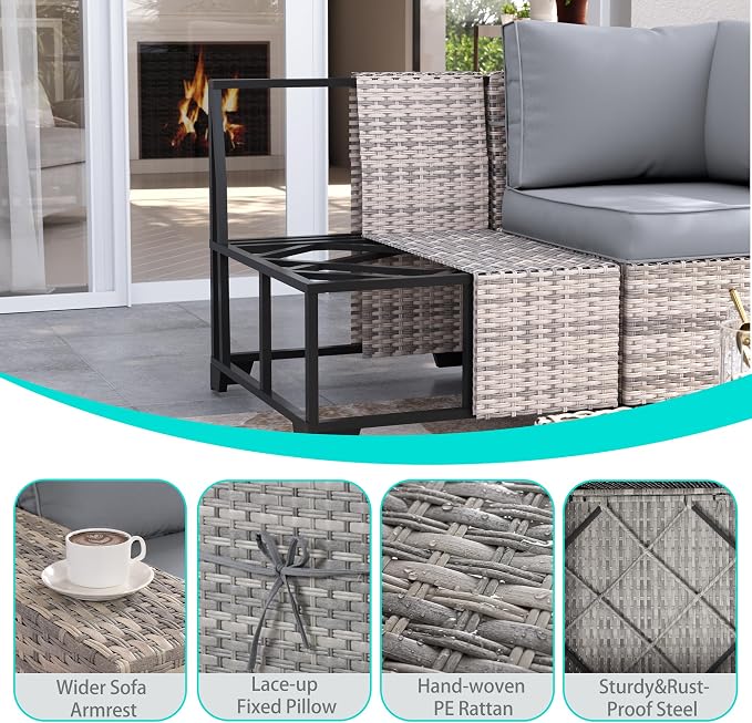 12-Piece Outdoor Patio Furniture Set with Rocking Swivel Chair, PE Wicker Rattan Sectional Sofa 55,000 BTU Fire Pit Table Patio Conversation Set with Ottomans and Chunky Arms, Grey