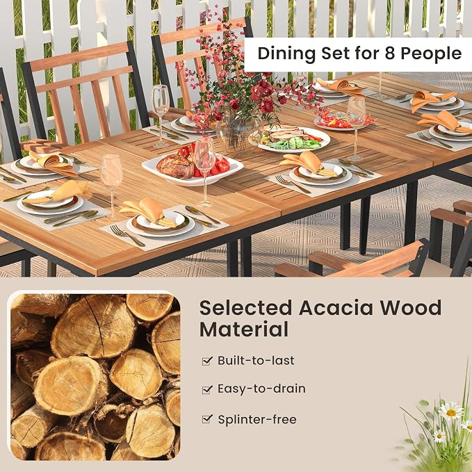 Tangkula 9-Piece Patio Dining Set, 79" Rectangle Dining Tables with 8 Wooden Armchairs, Outdoor Acacia Wood Dining Furniture Set with 1.9" Umbrella Hole for Garden, Porch, Deck