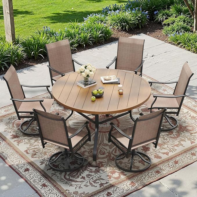 HRVEOCEI 47" Outdoor Round Table with Umbrella Hole, Metal Patio Dining Tables for Lawn Garden, Wood-Like Grain Bistro Table Outdoor for Backyard,Poolside,Deck,Por (Black+Natural, Round)