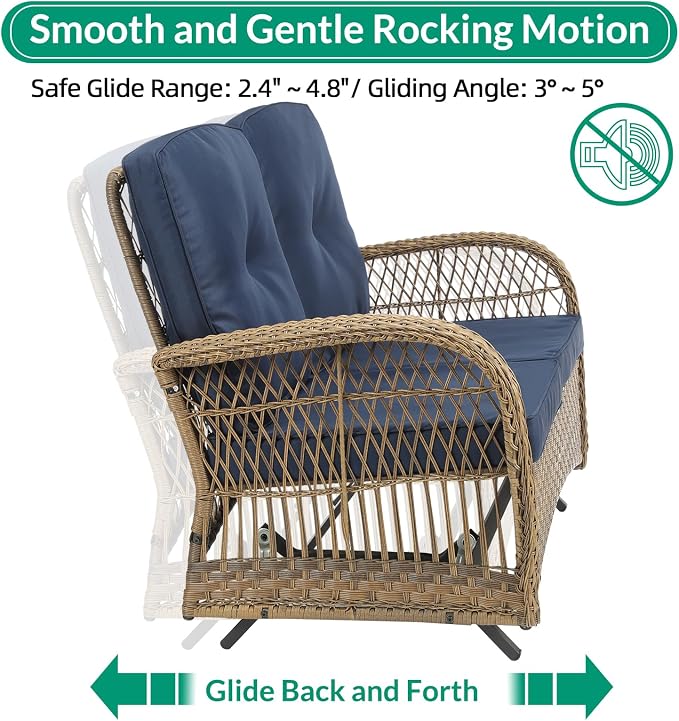 VIVIJASON 5-Piece Outdoor Patio Wicker Conversation Sets, All Weather Outdoor Rattan Furniture Set Includes Glider Loveseat, 2 Coffee Table, 2 Rocking Chairs with Cushions for Backyard, Navy Blue
