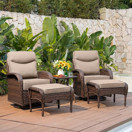 Belord Upgraded 6“ Cushion Luxury 5 Pieces Patio Furniture Set - All Weather Wicker Outdoor Swivel Rocker Patio Chairs of 2 with Ottomans, High Back Glider Chairs Set for Deck Porch - Brown/Beige