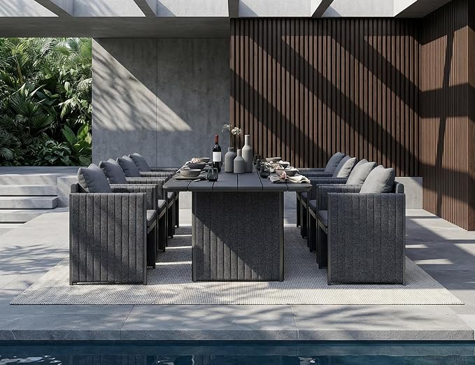 PURPLE LEAF 9 Pieces Outdoor Patio Dining Set Modern Large Weather-Resistant Table and Aluminum Chairs with Olefin Fabric Cushions for Garden Backyard Deck Furniture Grey
