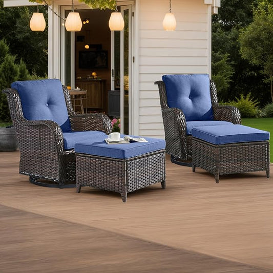 HUMMUH 4 Piece Outdoor Patio Furniture Set Wicker Conversation Bistro Set Swivel Rocker Chairs with 2pcs Ottomans for Backyard, Porch, Balcony