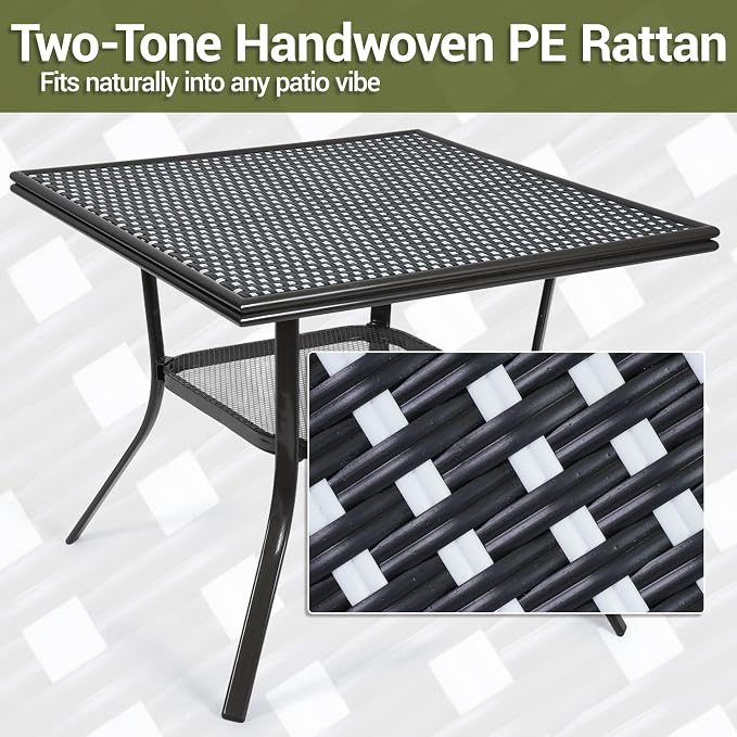 35.2" Square Outdoor Bistro Table, All-Weather PE Rattan Patio Side Table w/Sturdy Metal Frame & Adjustable Foot Pads, Wicker Dining Table for Poolside Backyard Garden Balcony, Black/White