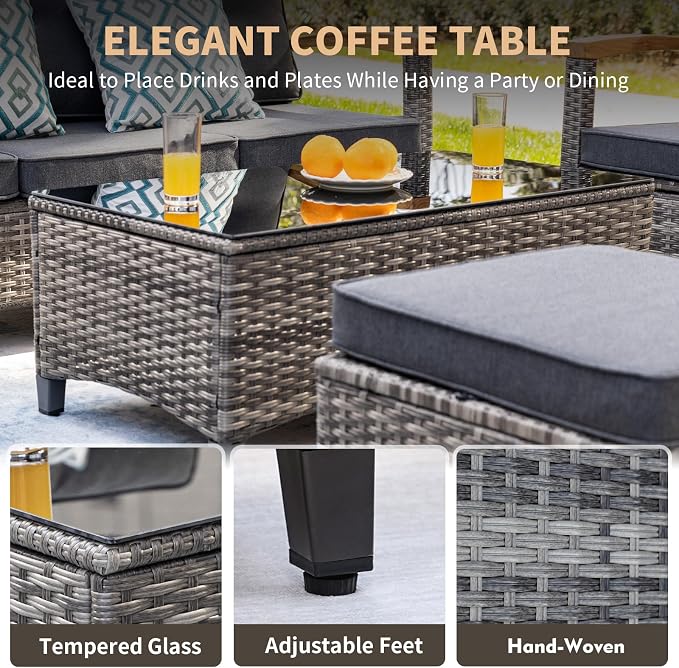 MEISSALIVVE 10 Pieces Outdoor Patio Furniture Sets, Wicker Patio Conversation Sets with 2 Wood Armrests Swivel Glide Chairs,2 Single Chairs, Outdoor Couch and Coffee Table(Grey)