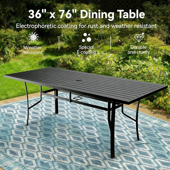 Trevero 9 Pieces Outdoor Dining Table 76"x36"+ 8 Patio Dining Chair Set for 8 People, Rectangle Patio Dining Table and Chairs with Stable Metal Frame for Garden, Backyard, Umbrella Hole Design