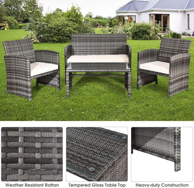 MAT EXPERT 4-Piece Wicker Sofa Chair and Table Set, Patio Rattan Conversation Set w/Removable Cushions, Outdoor Sofa Furniture w/Tempered Glass Coffee Table for Garden/Lawn/Pool/Backyard