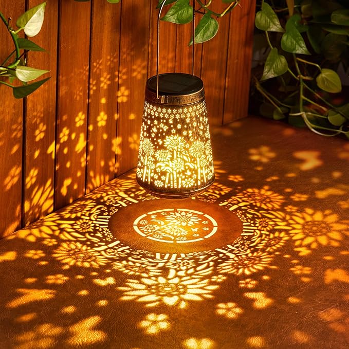 2 Pack Solar Lanterns Outdoor Waterproof, Birthday Gifts for Women Mom | Hollow-Out Metal Sunflower Lantern, 2 Lighting Modes, Outside Hanging Solar Lights for Christmas Decorations, Garden Decor