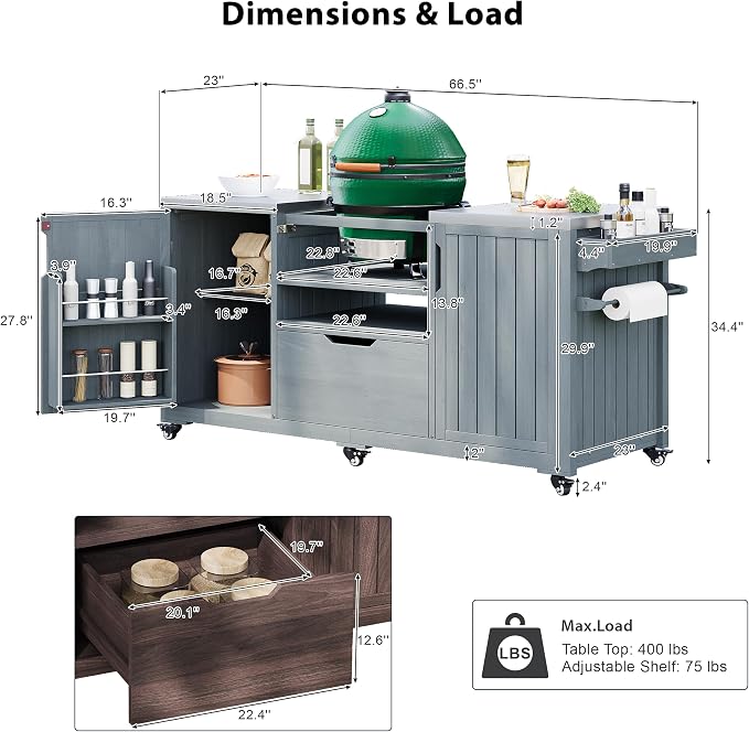 Outdoor Kitchen Island for Big Green Egg Grills, Solid Wood Outdoor Grill Cart for Tabletop Grill with Stainless Steel Top, Drawer, Compatible with Large Big Green Egg, Kamado Joe (Grey+Blue@029)