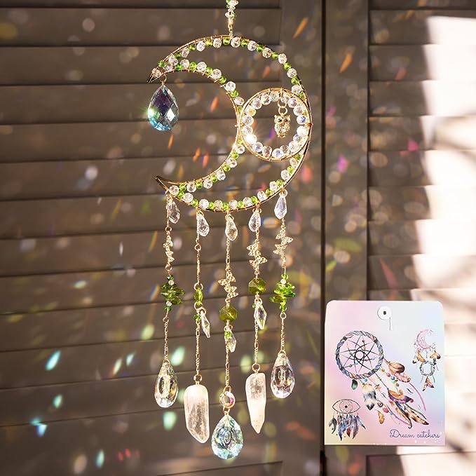 Moon Crystal Suncatcher Rainbow Maker Window Hanging Decoration - Green | Handmade crystal decoration with natural stones, creates rainbow reflections for windows, bedrooms and home decor.