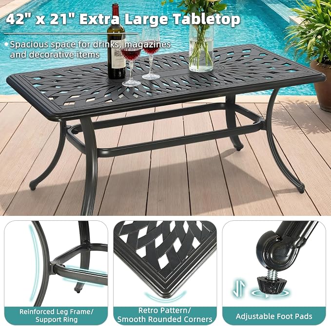 MEETWARM Outdoor Coffee Table, All-Weather Cast Aluminum 42" Rectangle Patio Coffee Table, 220 LBS Heavy Duty Patio Side Table for Balcony Poolside Deck Garden & Indoor Use, Dark Bronze