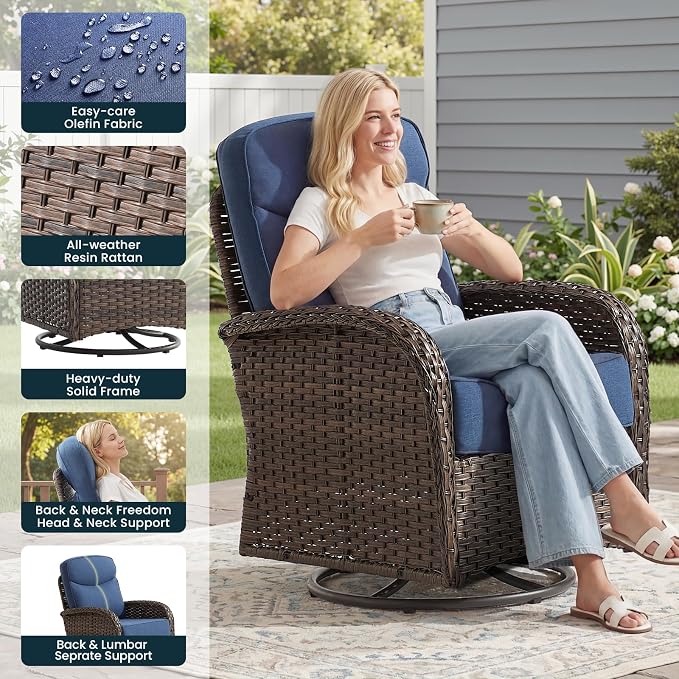 High Back Luxury Patio Furniture Set with 6-inch Thick Cushion, Swivel Rocker Patio Chairs Set of 4 with Outdoor Couch, 8 Piece Wicker Conversation Set for Deck Yard Garden Balcony Blue