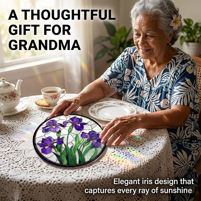 Birthday Gifts for Women - Purple Iris Faux Stained Glass Window Hanging Sun Catcher for Door Garden Acrylic Flower Decor Mother's Day Christmas for Mom Nana Friend Grandma Wife 6.3"