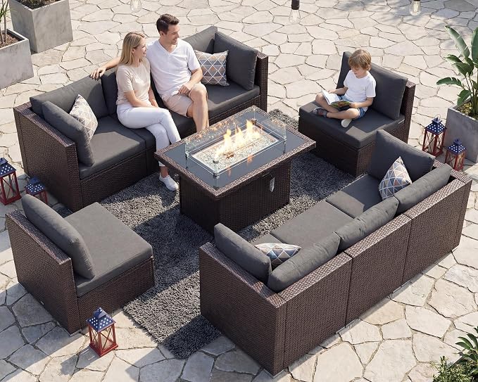 NICESOUL 9pcs Patio Furniture Set with Fire Pit Propane/Gas, 29.3'' High Back Modern Comfy Outdoor Conversation Set, Extra Wide Modular Sofa for Heavyweight, Brown Rattan and Dark Gray Cushion