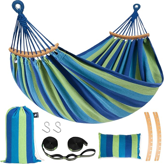 SUNCREAT Hammocks Outdoor Camping Double Hammock with Spreader Bar, Carrying Bag, Blue & Green