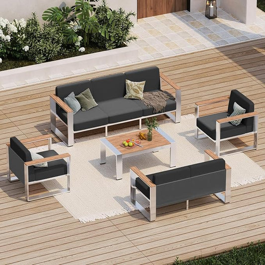 Patio Furniture Set, 5 Piece Aluminum Outdoor Furniture Set with Coffee Table, Wide Seat and Thick Cushions, Modern Outdoor Patio Conversation Sets for Deck, Porch (Teak-Charcoal)