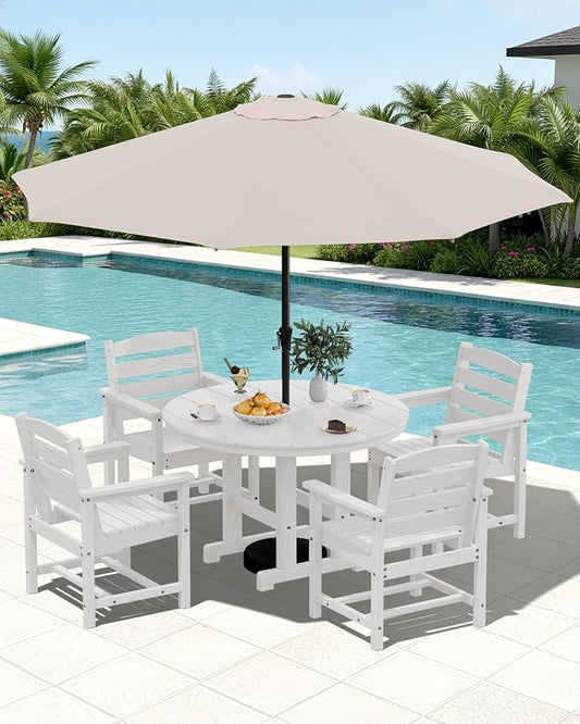 SERWALL 6-Piece Patio Dining Sets, HDPE Outdoor Table and Chairs Furniture Set with Umbrella, 45" Round Dining Table & 4 Dining Chairs & 1 9FT Umbrella, White(Not Include Umbrella Base)