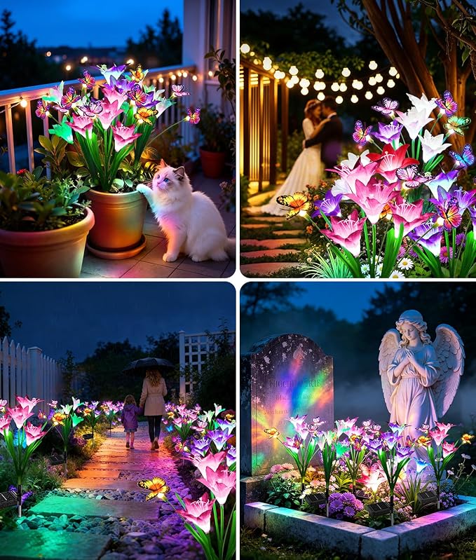 KOOPER Solar Lights Outdoor Garden Decor 8 Pack, 32 Lily Flowers and 24 Swaying Butterflies, IP65 Waterproof 7 Color Changing Solar Flower Lights for Yard Patio Pathway, Gifts for Mom Women Grandma