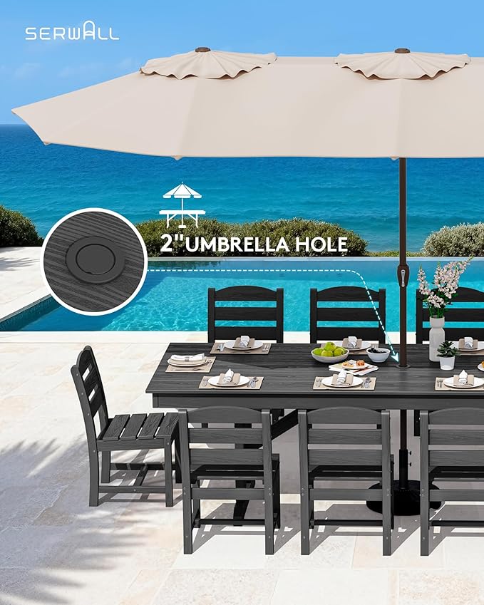 SERWALL Outdoor Dining Table, 84" Rectangular Dining Table for 6-8 Person, All Weather HDPE Outdoor Furniture for Backyard, Garden, Black