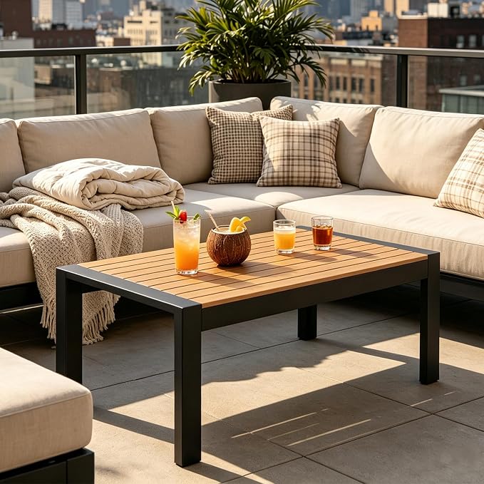 Garvee Outdoor Coffee Table, All-Weather Aluminum Patio Table, Rectangle Outdoor Coffee Tables for Outside, Realistic Wood-Look Tabletop Furniture for Patio, Deck, Backyard, Garden, Poolside