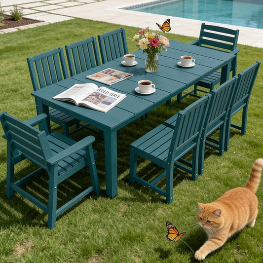 PLUUV 9-Piece Outdoor Patio Dining Set – HDPE Dining Table with Aluminum Legs and Umbrella Hole, 8 Chairs & 1 Table, All-Weather Patio Furniture Set for Garden Deck Backyard, Navy Blue
