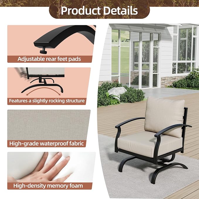 Kurapika Metal Patio Furniture Set 5-Seat Modern Metal Bistro Set Outdoor Conversation Sets, 2 Piece Patio Rocker Chairs with Thick Cushion and Coffee Table for Garden Backyard Deck Lawn, Sand
