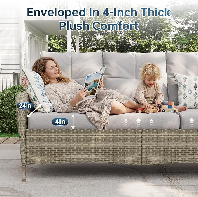 LazySunsets Luxury 9-Piece Patio Furniture Set, 360° Swivel Chairs, Wicker Rattan Sofa with Thick Cushion, Outdoor Conversation Set for Backyard, Poolside & Garden, Beige/Gray