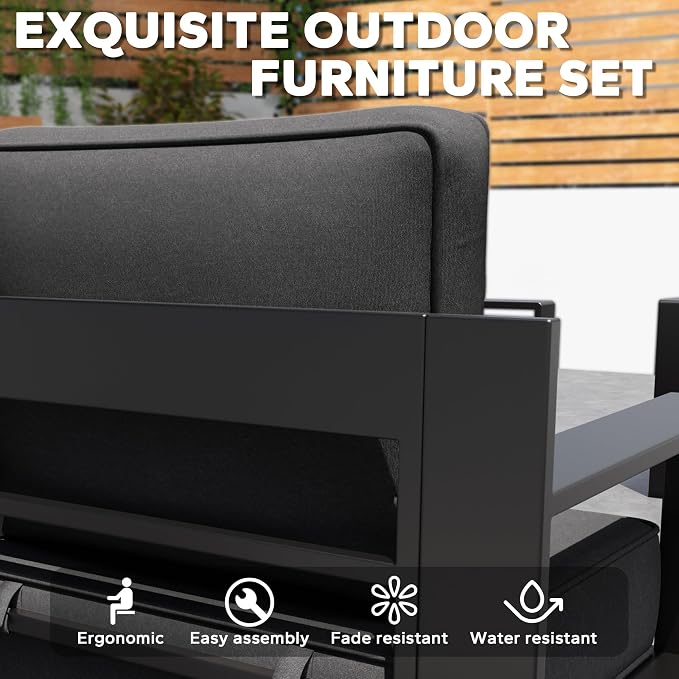 Aluminum Patio 79" Sofa Set with 2 Armchairs, All Weather Outdoor Conversation Furniture Set with Metal Armrest & 6" Water-Resistant Cushions & Furniture Covers for Deck Porch (Grey)