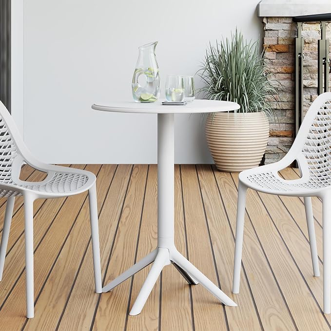 Costaelm Patio Table for 4-Person, Outdoor Patio PP Round Dining Table, All-Weather Bistro Dining Table for Backyard Deck Porch Poolside, White