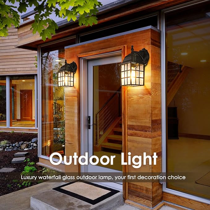 2-Pack Dusk to Dawn Outdoor Wall Lantern, Exterior Light Fixtures with Photocell Sensor, Black Wall Light Waterproof, Waterfall Glass Outside Wall Sconce for Porch House Garage